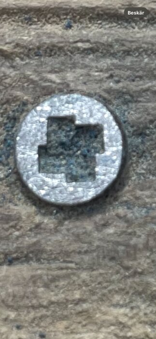 Närbild av en rostfri skruv med fyrkantsfäste i en träaltan.