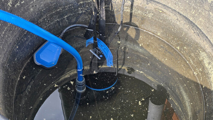 Dränkbar vattenpump och blå vattenslang i en regntunna för trädgårdsbevattning.