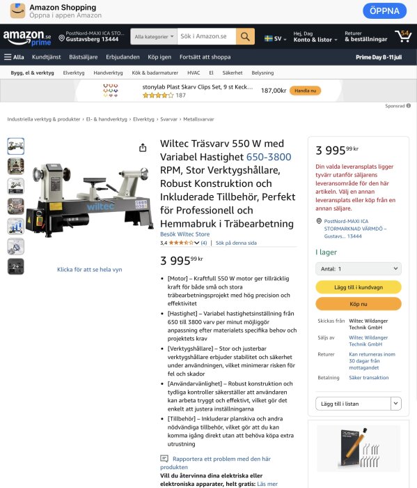 En produktbild av en Wiltec trä- och metallsvarv med variabel hastighet, prislistad på Amazon, visas på en vit bakgrund.