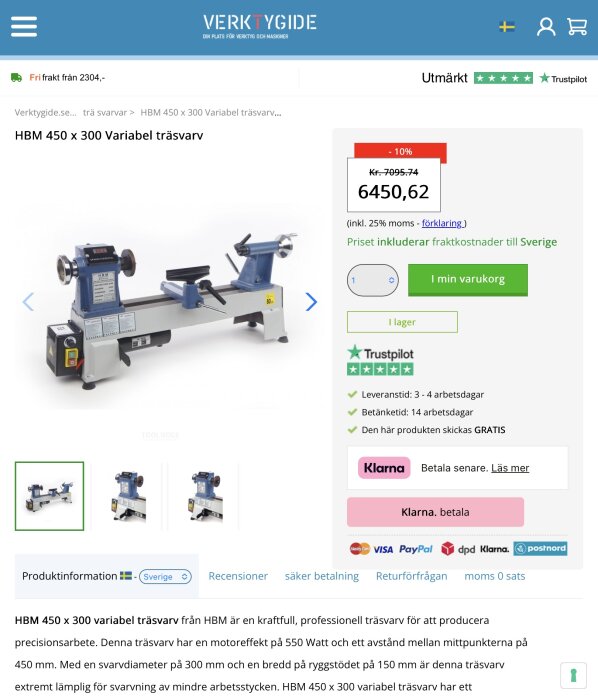 HBM 450 x 300 variabel träsvarv på en verktygsguide-webbsida med priset 6450,62 kr och fri frakt till Sverige.