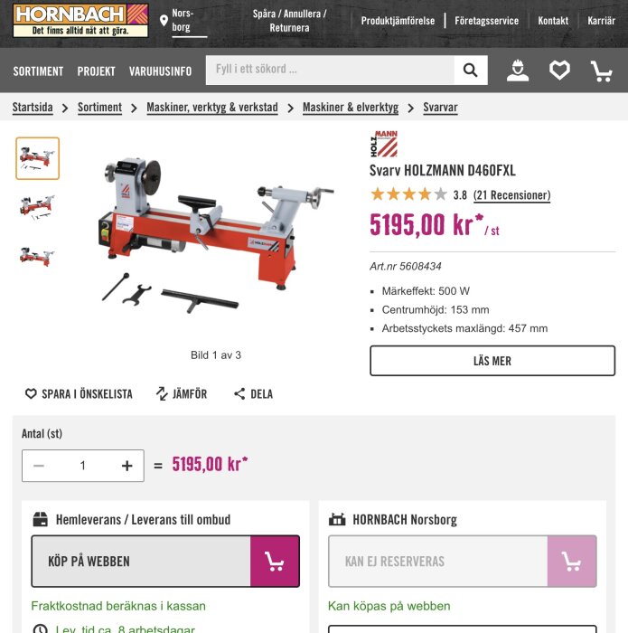 Holzmann D460FXL svarv på Hornbachs hemsida, pris på 5195 kr, med specifikationer som märkeffekt 500 W och centrumhöjd 153 mm. Verktyg syns bredvid.