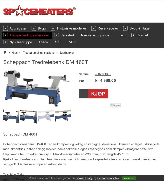 Scheppach DM 460T bordsvarv i blått med vit och svart detaljer, visas i en onlinebutik för 4,998 kr.