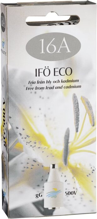 Förpackning av IFÖ ECO smältpropp 16A, 500V, fri från bly och kadmium.