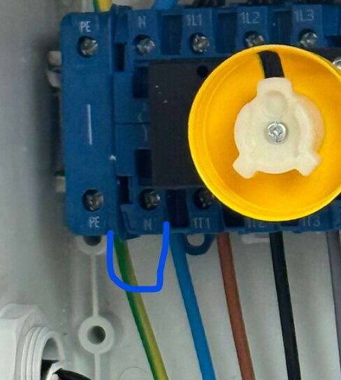 Inkoppling av elektrisk panel med saknad bygel, markerade blå och grön/gul ledare synliga; del av diskussion om TN-system och jordning.