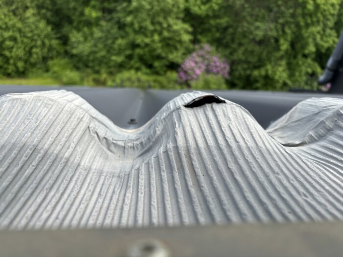 Närbild på ett tak med ett synligt hål i takpannan, fotograferat från ett badrumsfönster. Grönska syns suddigt i bakgrunden.