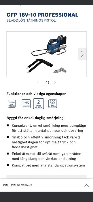 Sladdlös tätningpistol GFP 18V-10 Professional med pump, två hastighetslägen och lång slang. Anpassad för smörjning av svåråtkomliga områden.