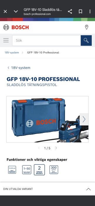 Bilden visar en Bosch GFP 18V-10 Professional sladdlös tätningspistol och tillhörande blå L-boxx med Bosch-logotyp.