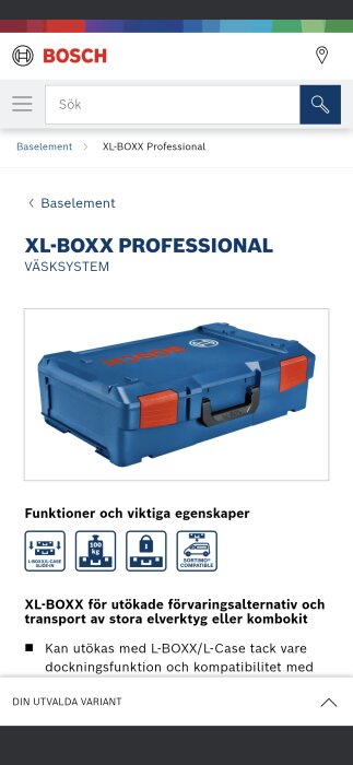 Blå XL-BOXX från Bosch, en professionell verktygsväska med röda handtag och egenskaper för förvaring och transport av elverktyg.