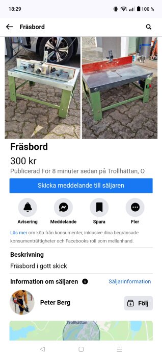 Fräsbord i metall med grön stomme, stående på stengolv utomhus, annonserad till försäljning.