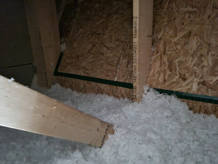 Vindsutrymme med isoleringsmaterial på golvet och träreglar längs väggarna.