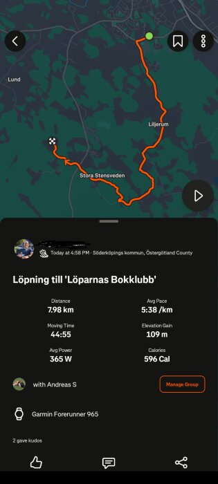 Karta över en löprunda på 7,98 km med start i Liljerum och mål vid Stora Stensveden. Tid: 44:55, medeltempo: 5:38/km, höjdökning: 109 m.
