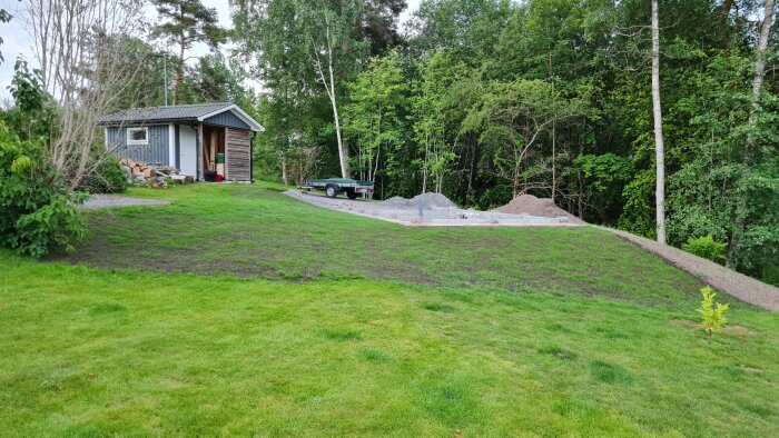 Grön, jämn gräsmatta framför en liten byggnad och grusparkering med släpvagn i närheten av skog. Träd och buskar omger området.
