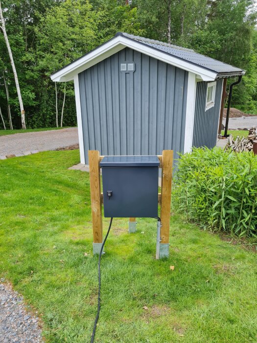 Renoverat elskåp monterat på stolpar framför en friggebod omgiven av grönska och en välskött gräsmatta.