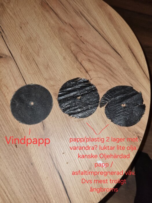 Tre cirkelprover på träbord; vänster med texten "Vindpapp", två till höger av papp/plastik, beskrivna med oljelukt och eventuellt ångbroms.
