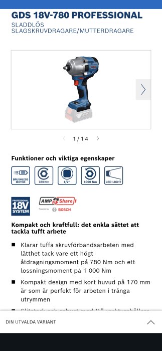 Sladdlös slaggskruvdragare/mutterdragare Bosch GDS 18V-780 Professional med borstlös motor och 780 Nm åtdragningsmoment, blå och röd design.