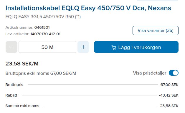 Produktbild från webbshop som visar installationskabel EQLQ Easy från Nexans, 50 meter, med prisdetaljer och möjlighet att lägga till i varukorgen.