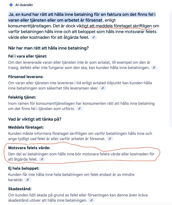 Text från AI-summering av konsumenttjänstlagen, med rödmarkering vid "Motsvara felets värde".