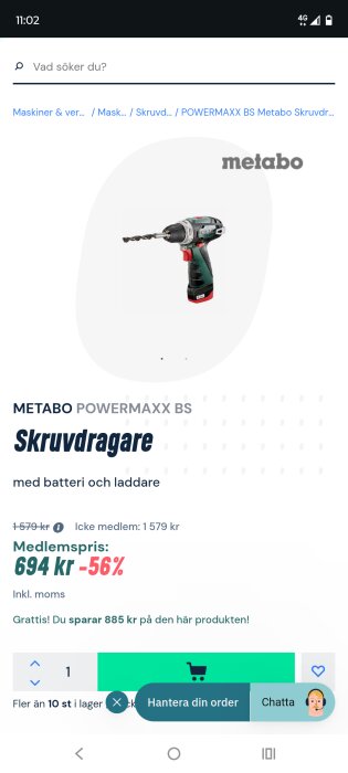 Metabo PowerMaxx BS skruvdragare med borr, erbjudande om medlemspris på 694 kr, ordinarie pris 1579 kr, 56% rabatt på Proffsmagasinet.