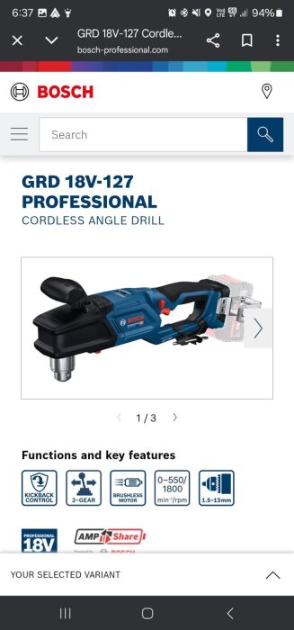 Bosch GRD 18V-127 Professional sladdlös vinkelborrmaskin med funktionsbeskrivning och nyckelfunktioner, inklusive kickback-kontroll och borstlös motor.