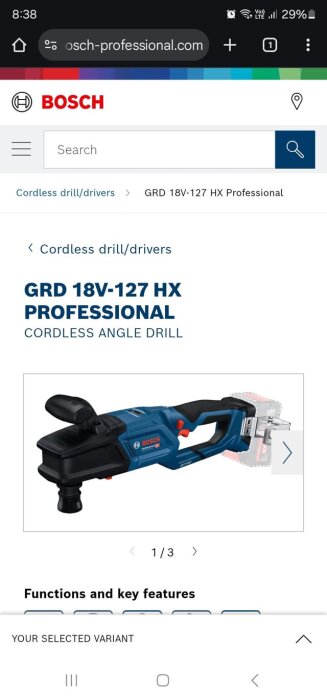 Bosch GRD 18V-127 HX Professional sladdlös vinkelborrmaskin på en webbsida, visas med ett handtag och batterianslutning.