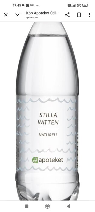 Flaska med naturellt stilla vatten från Apoteket, designad med blå vågmönster och texten "Stilla Vatten".