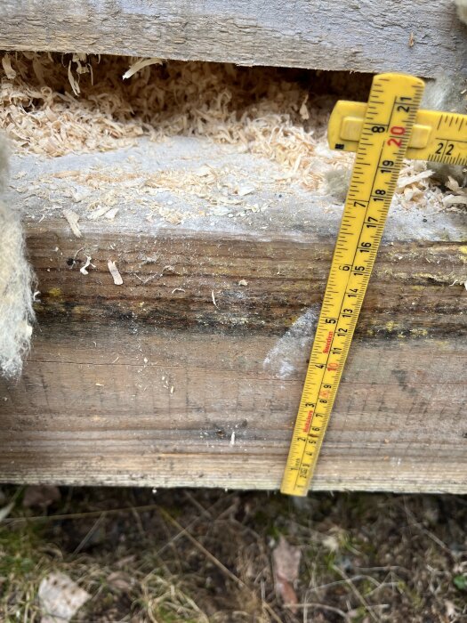 Mätt stock i fritidshusets grund med träspån och måttband som visar cirka 20 cm.