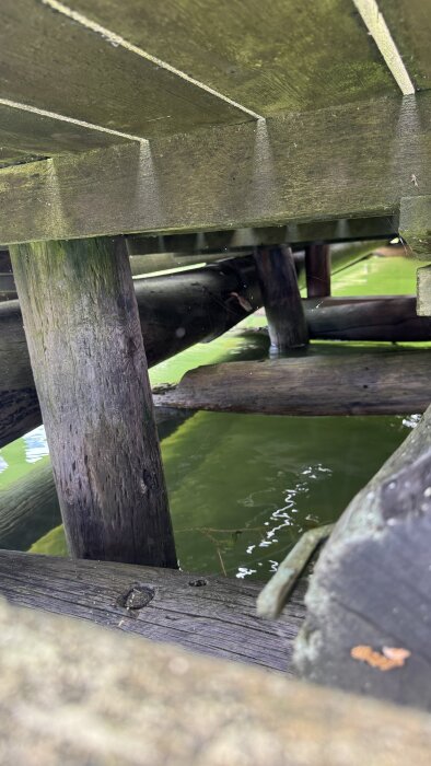 Träbryggans undersida med slitna och ruttna bärande stockar, stöd på en stenkista över grönt vatten. Synliga lösa kilar och ojämn konstruktion.