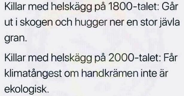 Text om skillnaden mellan män med helskägg på 1800-talet och 2000-talet, där modern ångest över ekologiska produkter betonas.