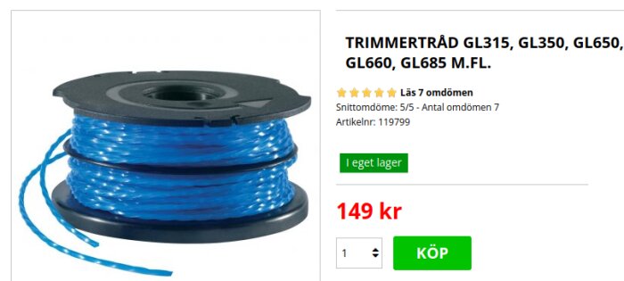 En rulle med blå trimmertråd för modeller GL315, GL350, GL650, med pris och kundrecensioner. Finns i lager för 149 kr.