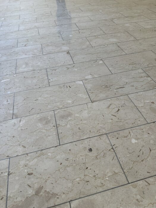 Spricka genom klinkersgolv i vardagsrum. Sprickan löper från mitten av väggen genom rummet, eventuellt tecken på problem med betongplattan.