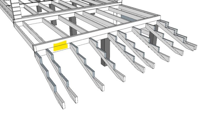3D-modell av ramverk med balkar, visar konstruktion där den undre regeln ska monteras, markerad med gul färg, utan att använda spikplåtar.