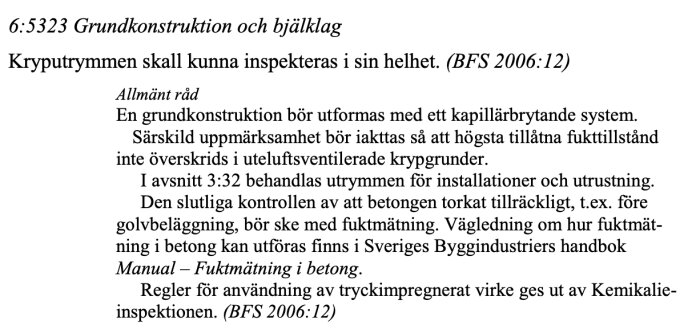 Text från BBR 2006 om krypgrunder, fuktmätning i betong och inspektion av byggkonstruktioner.