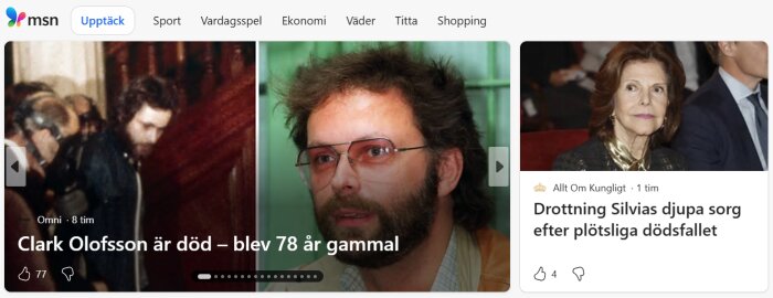 Två artiklar från MSN. Den vänstra handlar om en man som har gått bort vid 78 års ålder. Den högra om en kvinnas sorg efter ett dödsfall.