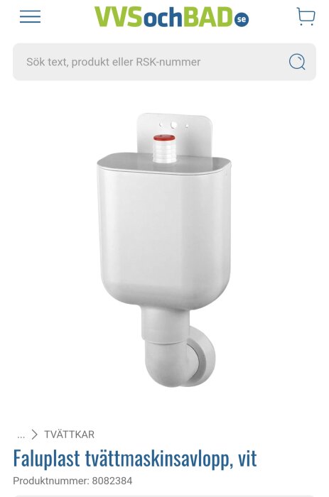 Vit tvättmaskinsavlopp från Faluplast med produktnummer 8082384, visas i en produktkatalog online.