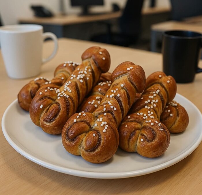 En tallrik med bullar dekorerade med pärlsocker, samt vita och svarta kaffemuggar.