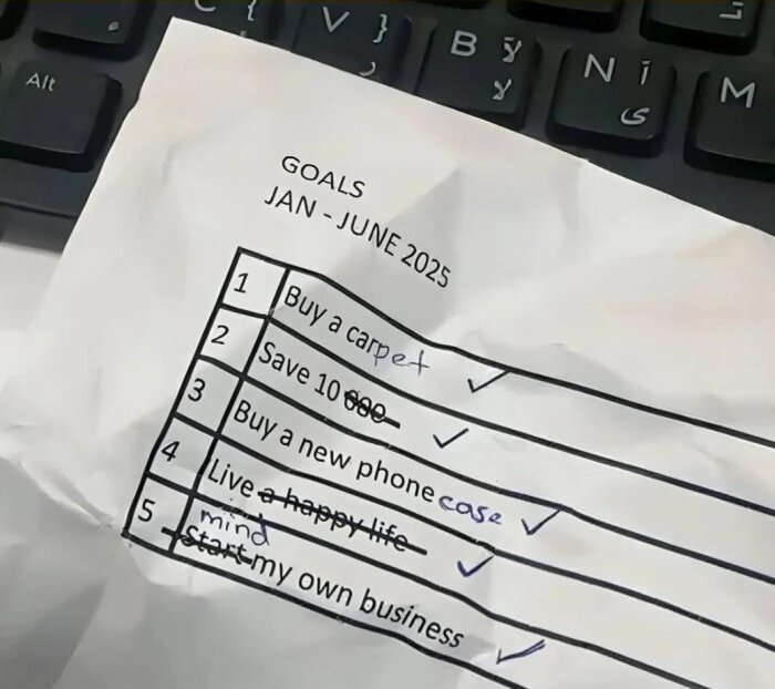 Invecklat papper med en mållista för januari-juni 2025 på ett tangentbord. Punkter inkluderar att köpa matta och sparande, några överstrukna med handskrivna ändringar.