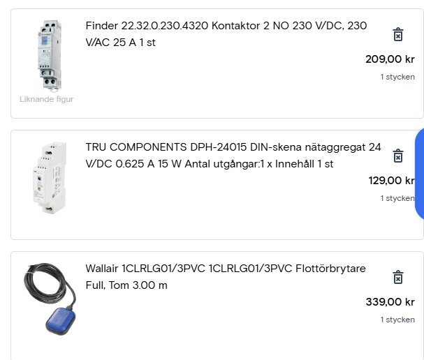 Bild av tre produkter: Finder kontaktor, TRU COMPONENTS nätaggregat och Wallair flottörbrytare. Produkten visas med pris och specifikationer.