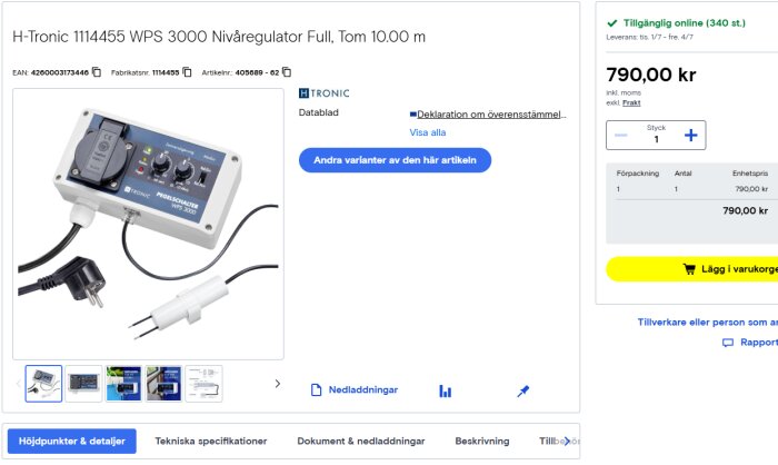 H-Tronic 1114455 WPS 3000 nivåreregulator med elkontakt och nivåsonder, pris 790 kr.