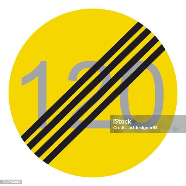 Gul rund skylt med numret 120 överstruket av tre diagonala svarta linjer, symboliserar fri fart eller hastighetsbegränsningens slut.