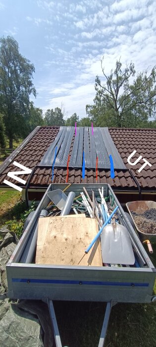 Solpaneler installerade på ett tak med röda, blå och rosa markeringar, omgivna av träd och verktyg i en släpvagn i förgrunden.