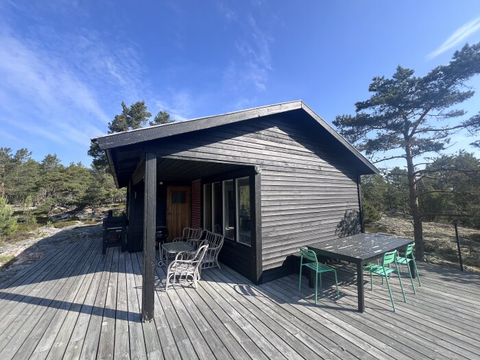 Fritidshus med svart träpanel, stor altan med trädgårdsmöbler, beläget nära skogsområde under blå himmel.