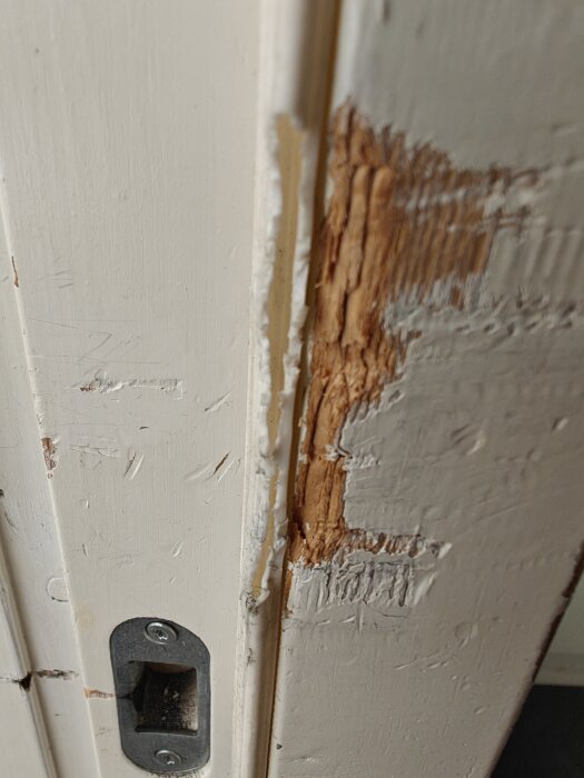 Närbild av en dörrkarm med tydlig kantskada och flagnande färg vid låsområdet, visar behov av reparation och ommålning.