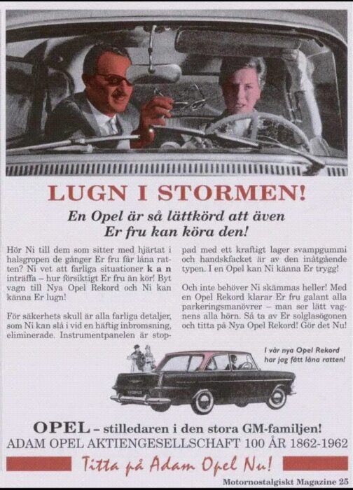 Reklamaffisch för Opel med en man och kvinna i förarsätet, text som betonar bilens lättkördhet. Vintage illustration av Opel Rekord bilmodell.