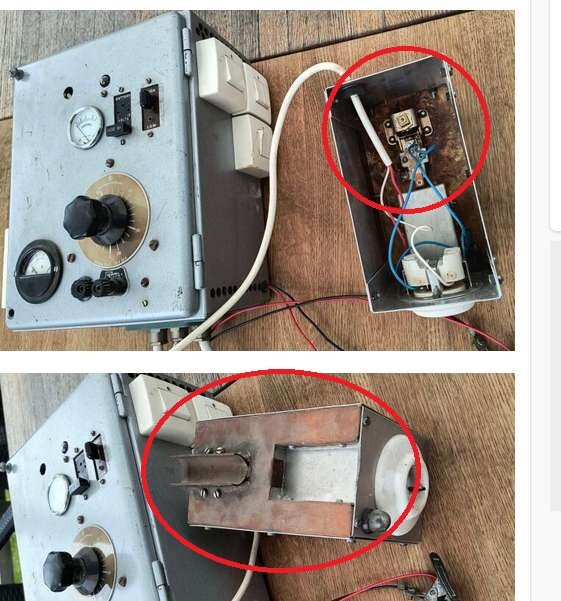 Två bilder av en elektronisk enhet med inringade komponenter, möjligen bimetalltermostat och kopparrör, troligen relaterade till en hembränningsapparat.