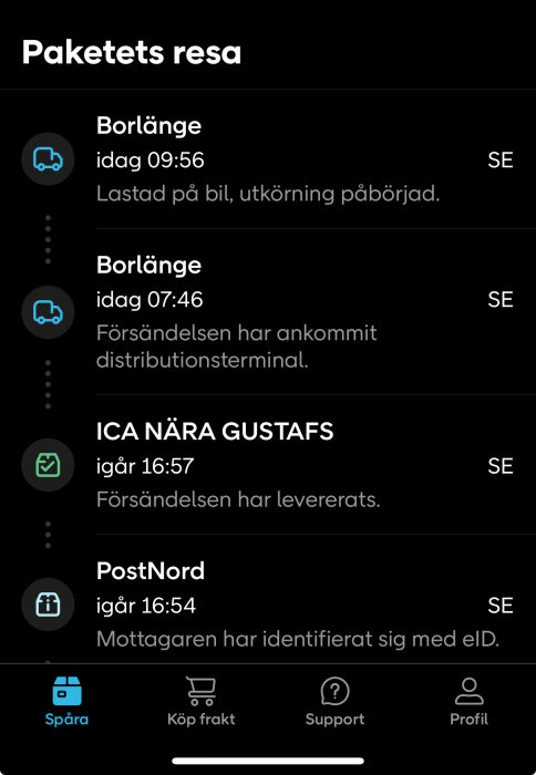 Skärmdump av paketets leveransspårning, visar olika steg i Borlänge och ICA Nära Gustafs med leveranstider.