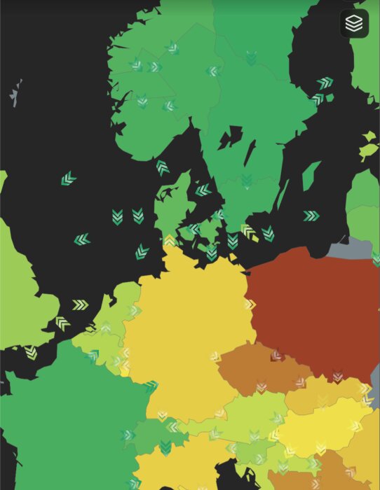 Karta över Europa som visar koldioxidutsläpp per kWh i olika länder med färgkodning. Polen och Tyskland är särskilt markerade.