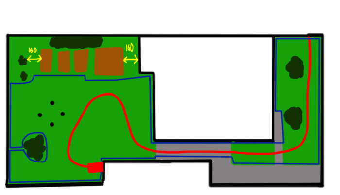 Ritning av en gräsmatta med markerade områden för robotgräsklipparen Gardena Smart Sileno. Smala passager är markerade med gula pilar.