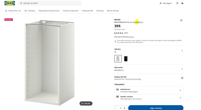 Ikeas METOD bänkskåpsstomme i vit, mått 40x37x80 cm, visas på produktsidan med pris och tillval för färg och storlek.