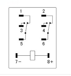 Kopplingsschema för växlande relä, visar anslutningar 1 till 8 med kontaktdon och ett motstånd markerat mellan position 7 och 8.