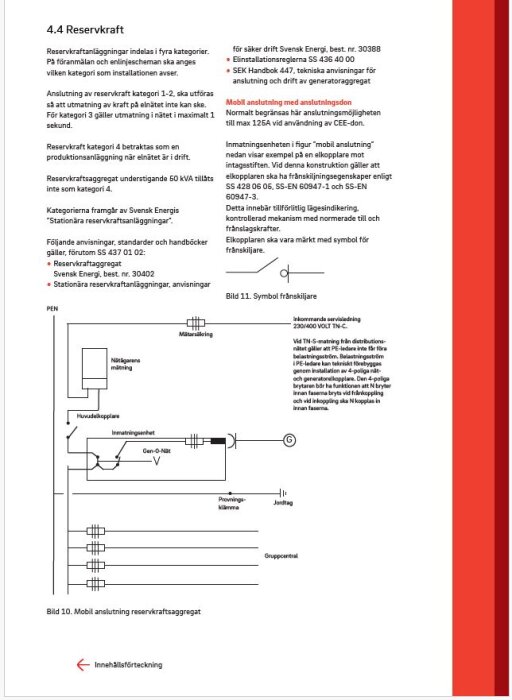 Ritning av reservelströmsanläggning med nätägarens mätning, mätarsäkring, huvudkopplare, jordtag och provklämma, enligt EON:s tekniska anvisningar.